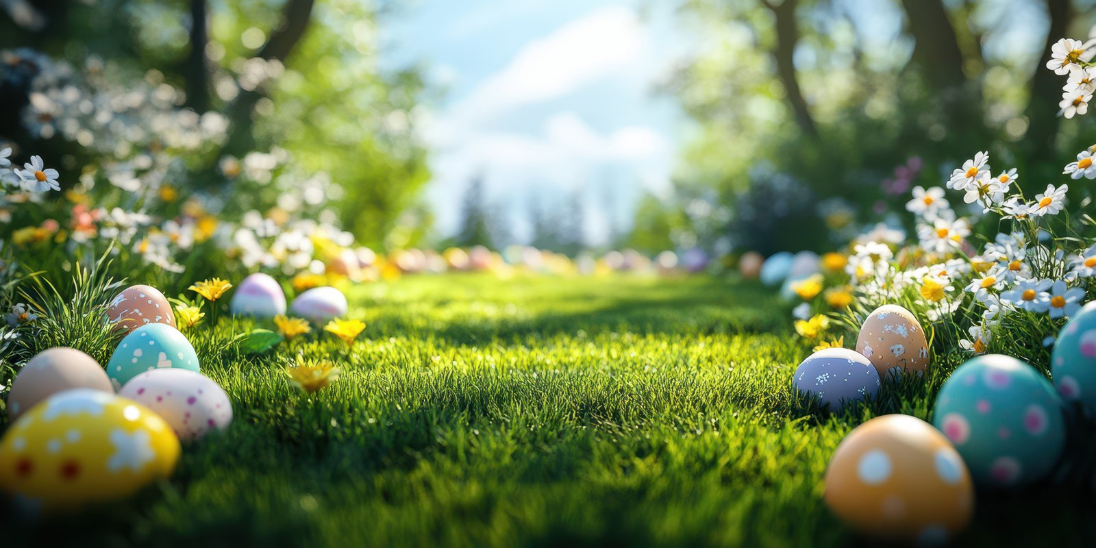 Colorful Easter eggs scattered on a vibrant grassy field surrounded by blooming flowers under a sunny sky